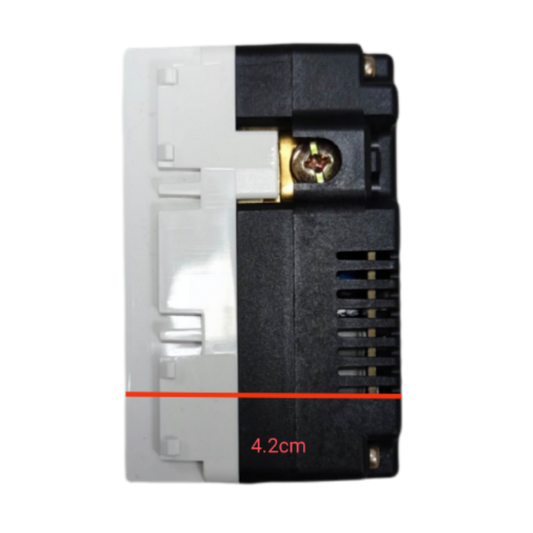 Side view of Royu Duplex Universal Outlet with 2 USB Port showing electrical connection and dimension