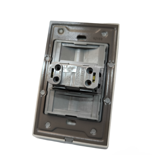 Back view of Royu 1 way switch dark gray showing wiring terminals and mounting plate