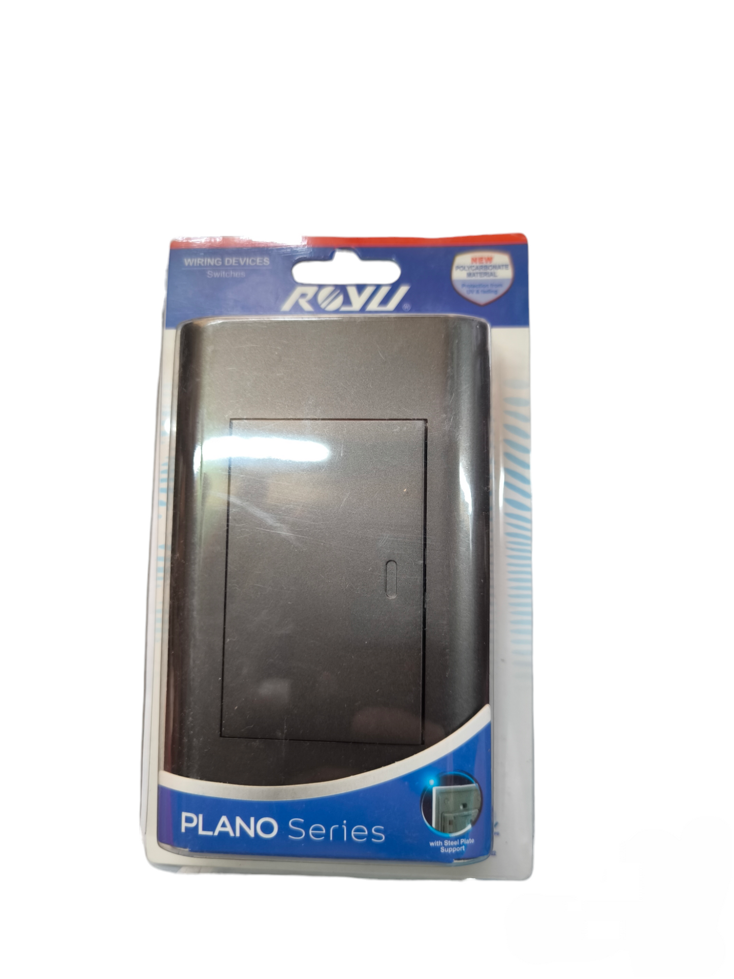Royu 1 way switch dark gray from Plano Series in packaging for power points and switches