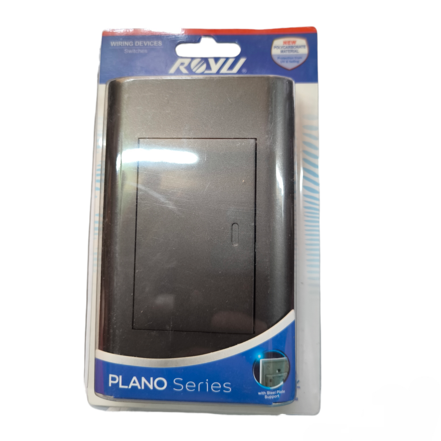 Royu 1 way switch dark gray from Plano Series in packaging for power points and switches