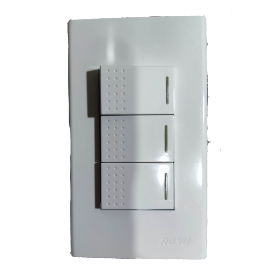 Royu 3 gang switch wall plate in white with three rectangular rocker switches and textured grip
