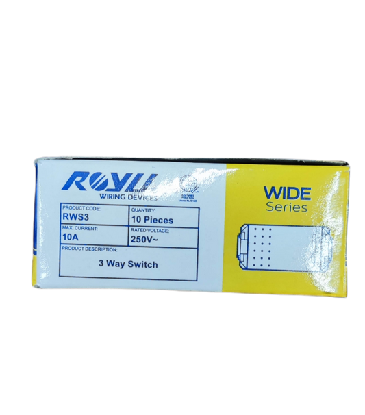 Royu 3 way switch Device Wide Series packaging showing product code and specifications