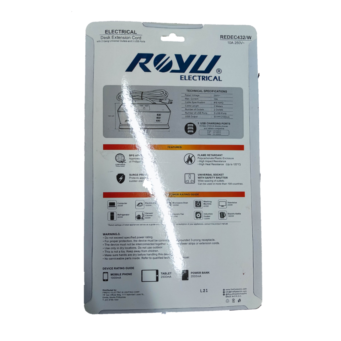 Royu Desk Extension Cord with 2 Gang electrical extension cord packaging with technical specifications