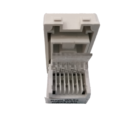Royu LAN Outlet RWX3 white network connector with open hinged cover showing internal terminals