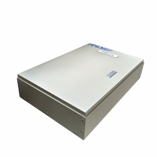 Royu MTS main panel board with interlock. Metal enclosure box gray hinged cover with screws and label