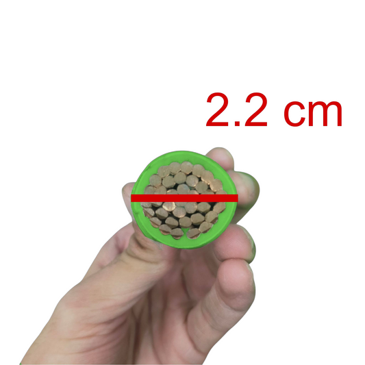 Royu THHN wire 400MCM green showing detailed cross-section and thickness of 2.2 cm