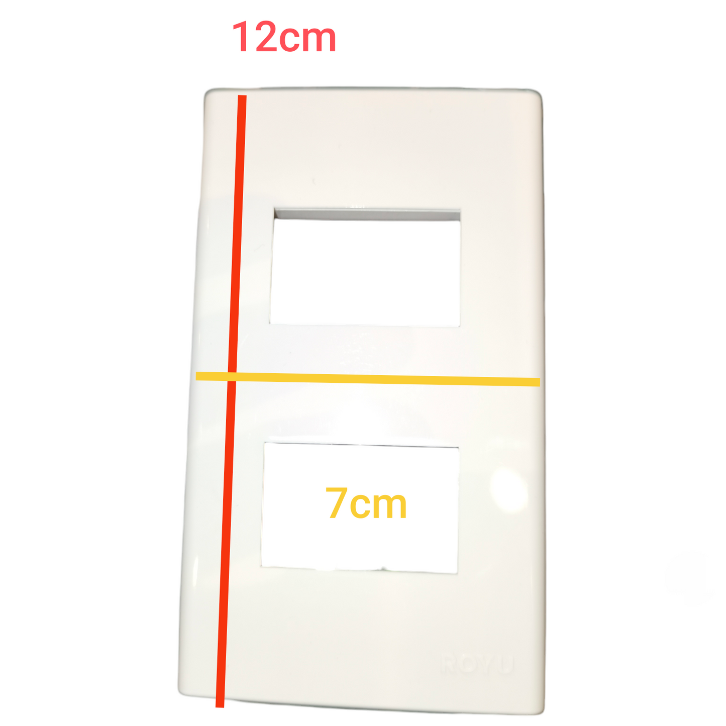 White Royu wide series plate cover measuring 12 cm by 7 cm for power points and switches