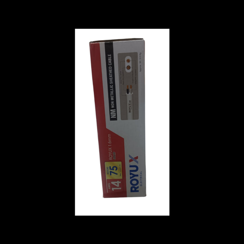 Royu Romex Cable Duplex Flat Solid 2C 75 Meters packaged in a sturdy box for electrical installations