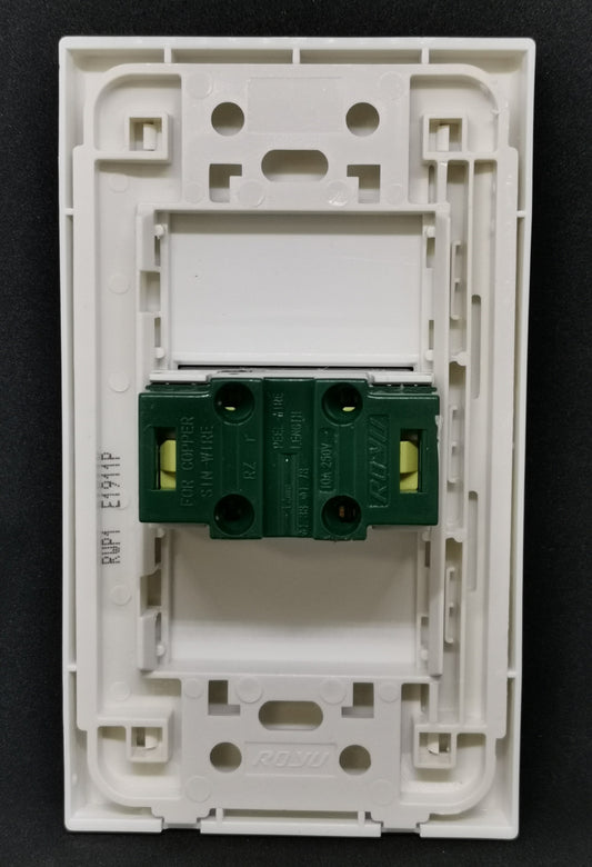 Royu 1 Gang Universal Outlet with Plate rear view showing white mounting frame and green terminal block
