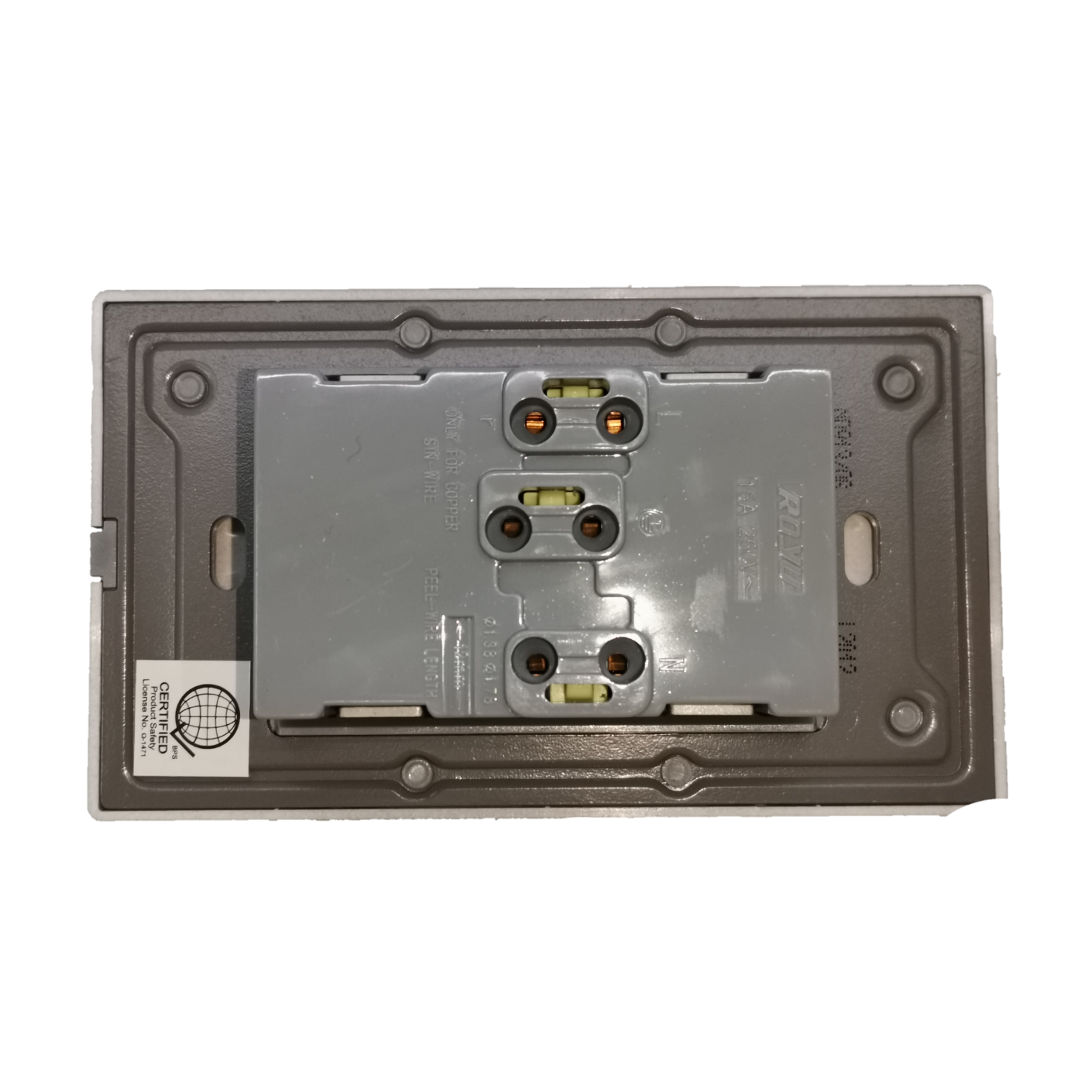 Royu power points outlet with ground dark gray back view showing mounting and wiring connections