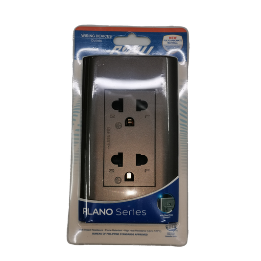 Royu Outlet with Ground Dark Gray from Alano Series packaged for wiring devices and power points