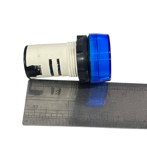 Grippes LED indicator lamp 22mm 24V blue panel mount with white housing and black bezel on ruler