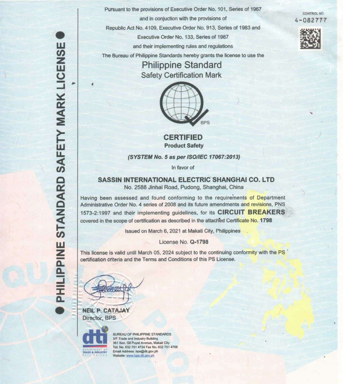Philippine Standard Safety Certification Mark license for Sassin electrical circuitry and parts including 315A Industrial Circuit Breaker 3 Pole