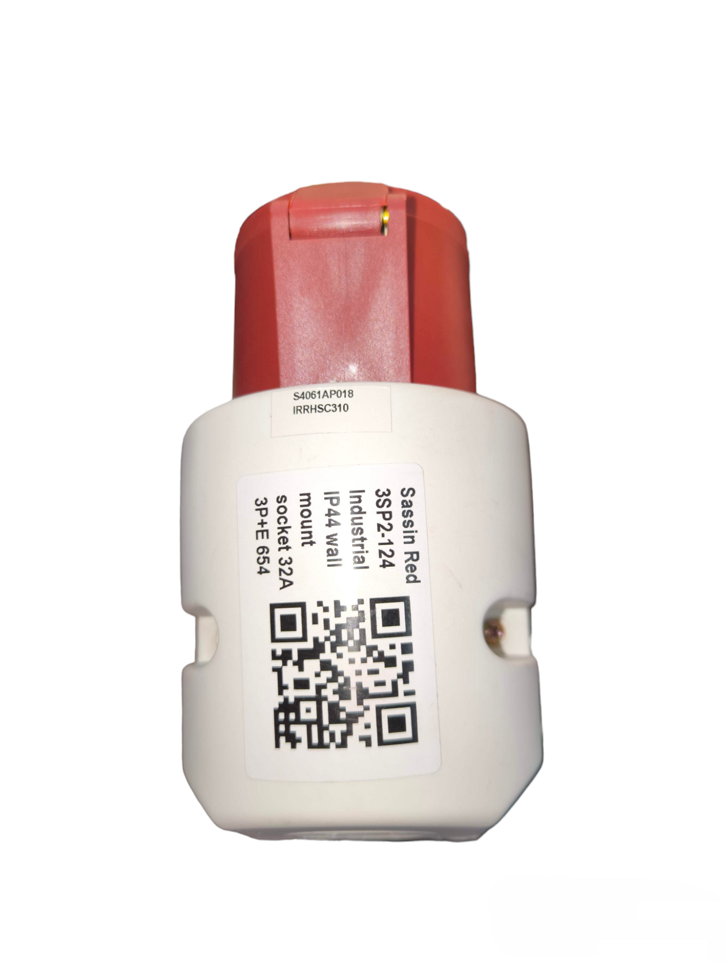 Sassin 32A industrial wall outlet red and white heavy duty power plug with label and QR code