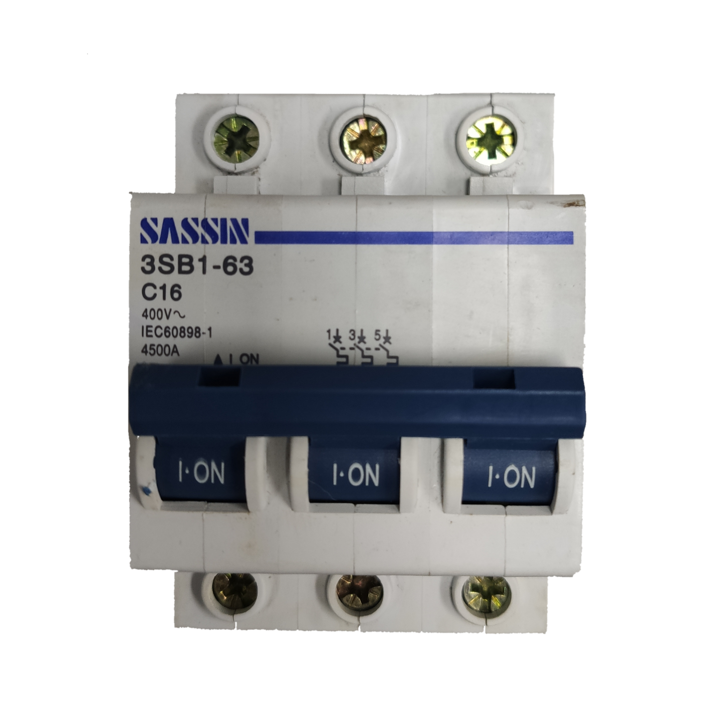 Sassin miniature circuit breaker 16A 3Pole electrical component with blue switches and white casing