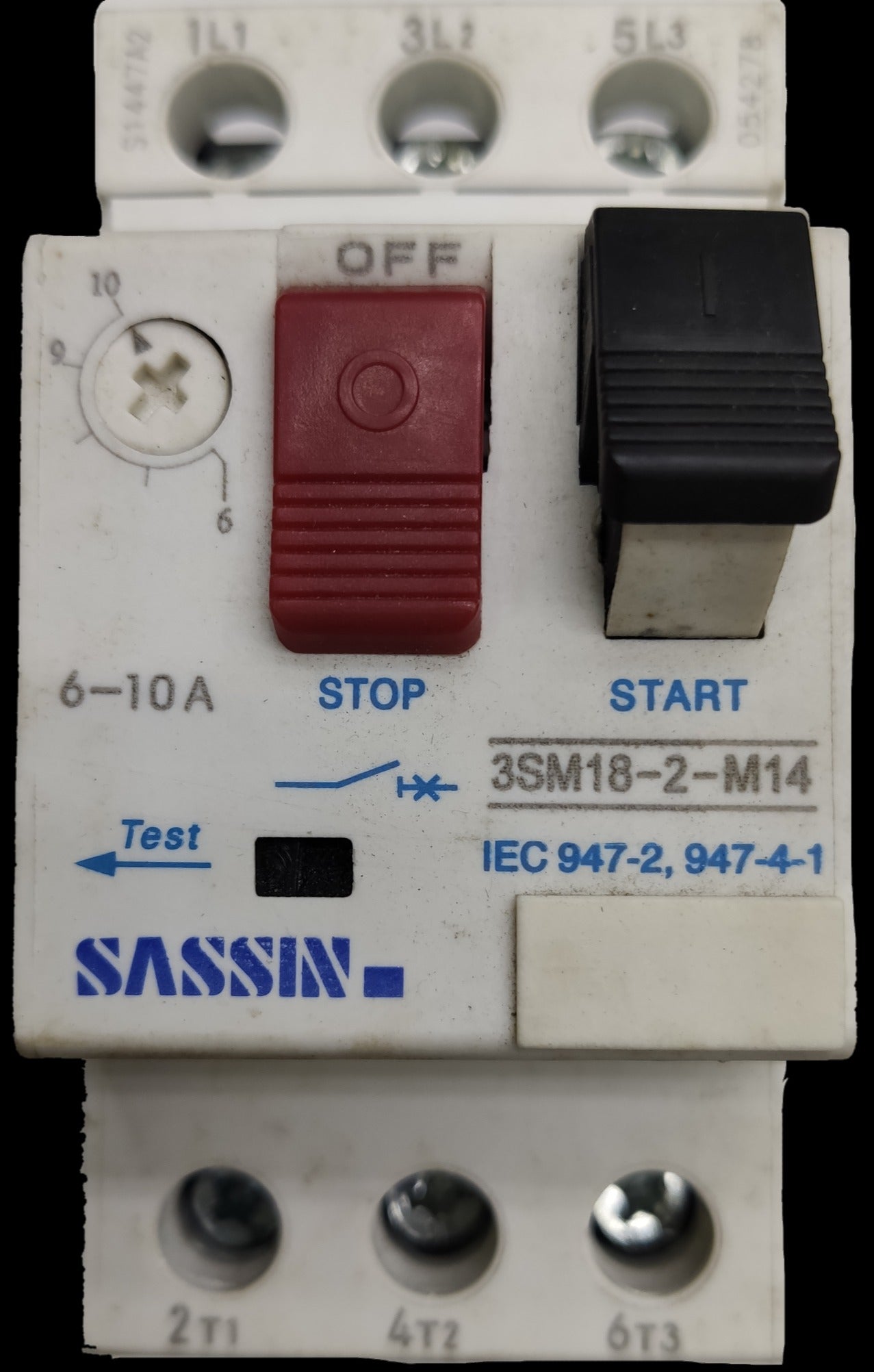 Sassin Motor Protection Circuit Breaker 6-10A with red stop and black start switches for electrical safety