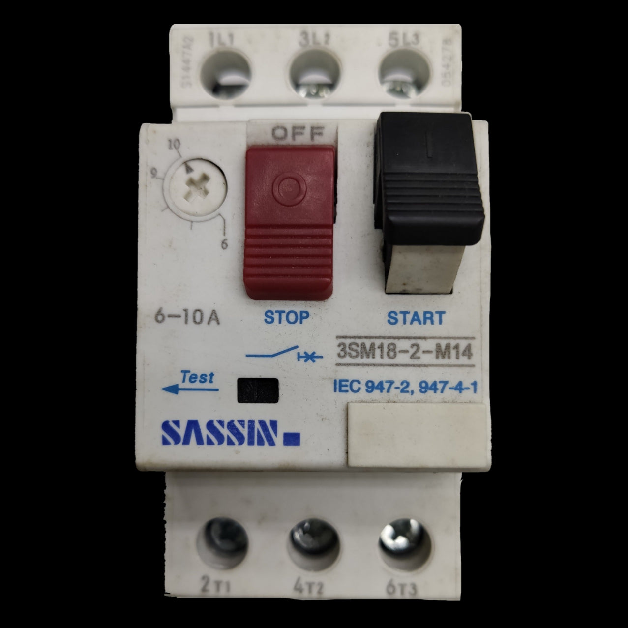 Sassin Motor Protection Circuit Breaker 6-10A with red stop and black start switches for electrical safety