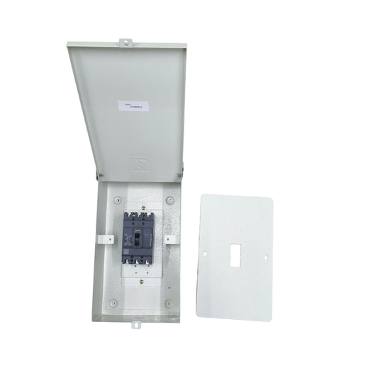 Schneider 30A 3 pole industrial circuit breaker with a protective enclosure and mounting plate
