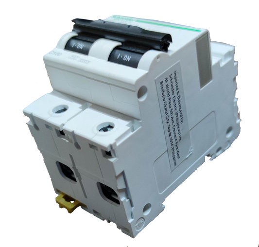 Schneider 80A 2 pole circuit breaker in white with black switches for electrical protection
