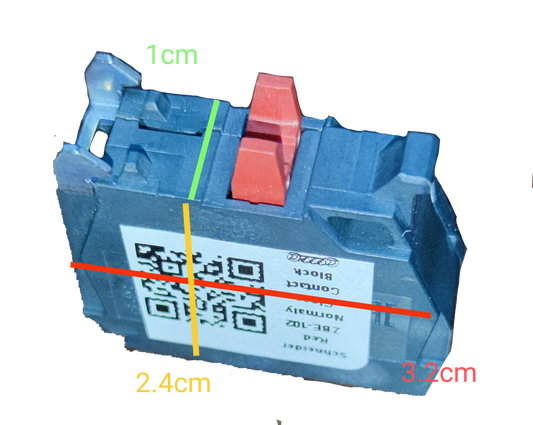 Schneider auxiliary contact block NC in black with red switch component and size dimensions