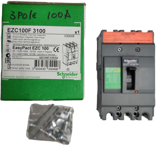 Schneider 100A 3Pole Industrial Circuit Breaker EasyPact EZC100 with screws and green packaging box