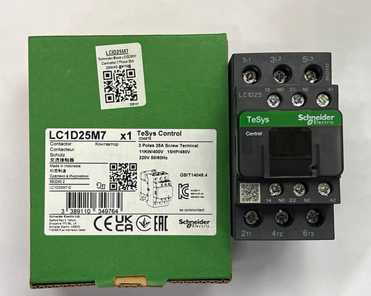 Schneider LC1D25M7 220V industrial contactor with 3 pole screw terminal connections in eco-friendly packaging