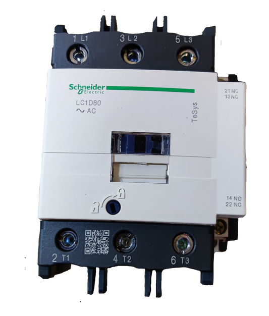 Schneider Magnetic Contactor 80A 220V Coil electrical component with labeled terminals and white casing