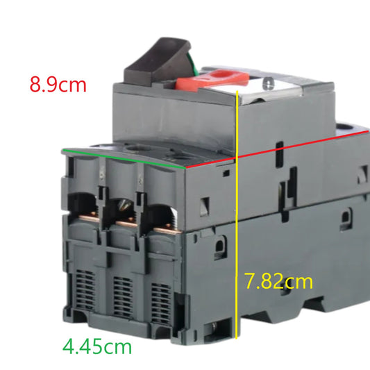 Schneider three pole breaker module TeSys 3 Phase 20A-25A Max 690V with front terminals and dimension markings