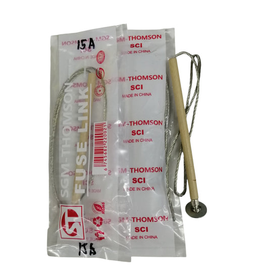 SGM Thomson type K fuse link 15A. Ceramic fuse link with braided lead wire and metal disc terminal in package