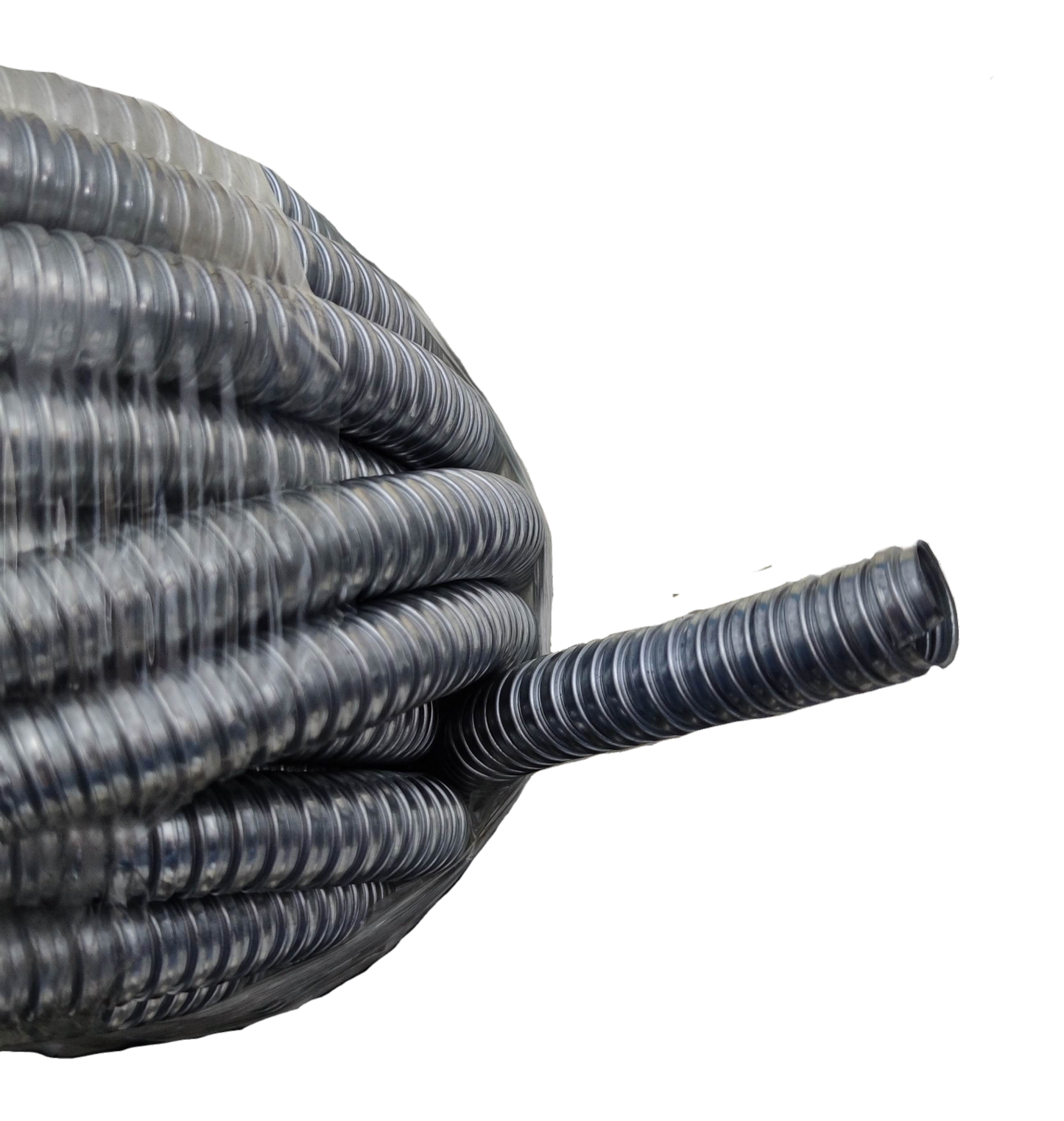Shieldcon 15mm Metal Flexible Hose coiled with protective ridges on a black background