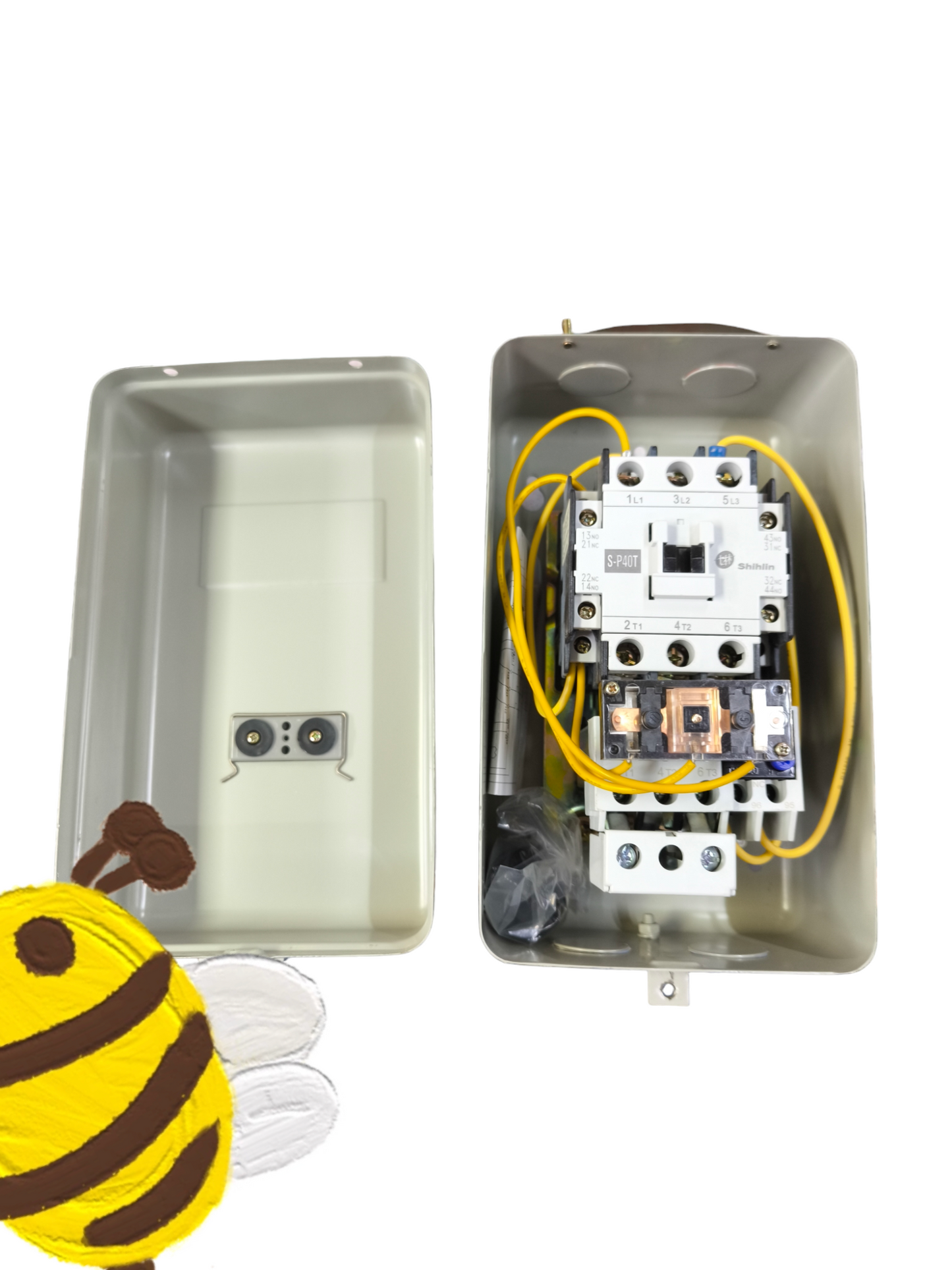 Shihlin Magnetic Starter 40A 15HP 220V power switch with yellow wiring inside a gray protective casing