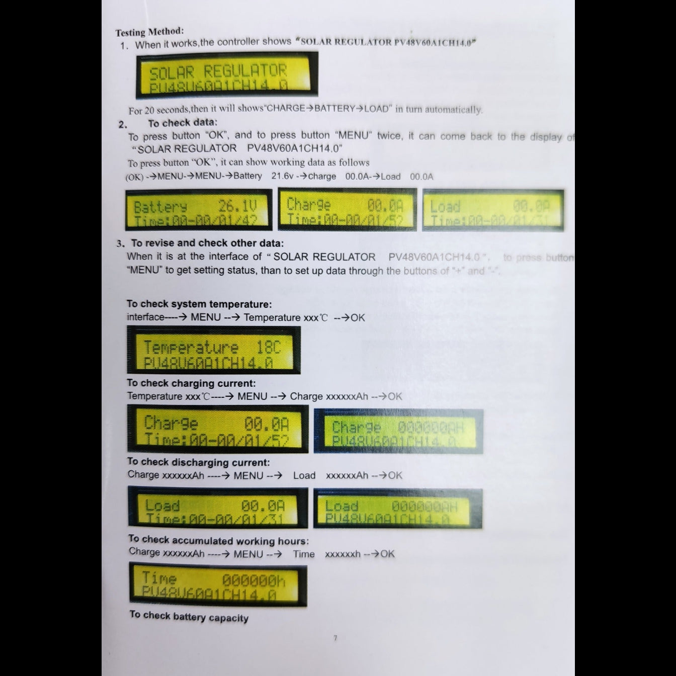 ZwitseRise Solar Charge Controller PWM showing detailed testing instructions and display screen data