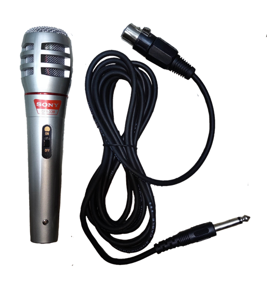 Sony microphone with microphone cord featuring a silver handheld design and on off switch