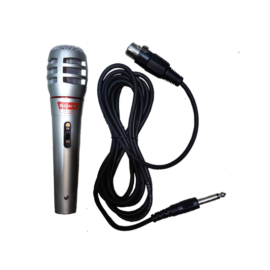 Sony microphone with microphone cord featuring a silver handheld design and on off switch
