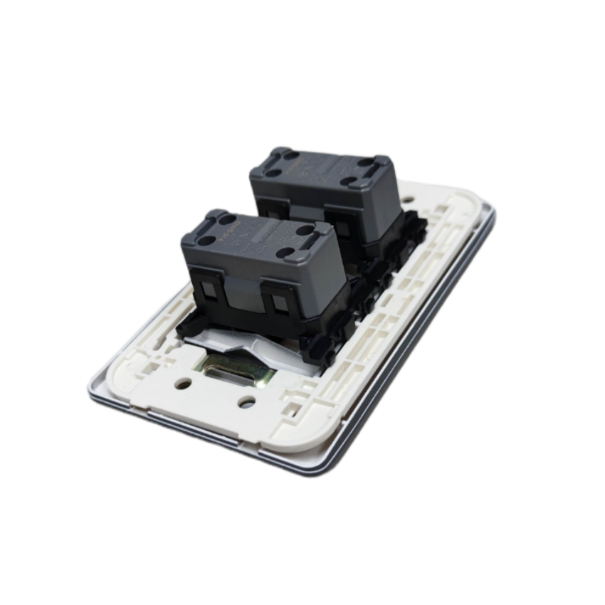 Omni 2 gang illuminated switch rear view showing twin modular switch mechanisms on white mounting frame