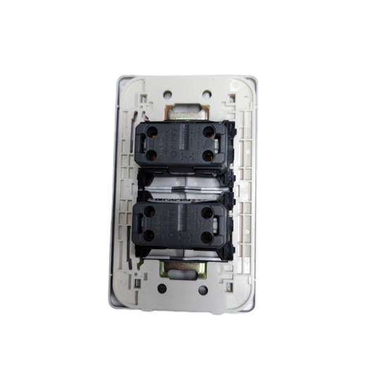 Rear view of Omni 2 gang illuminated switch showing dual black modules and white mounting plate