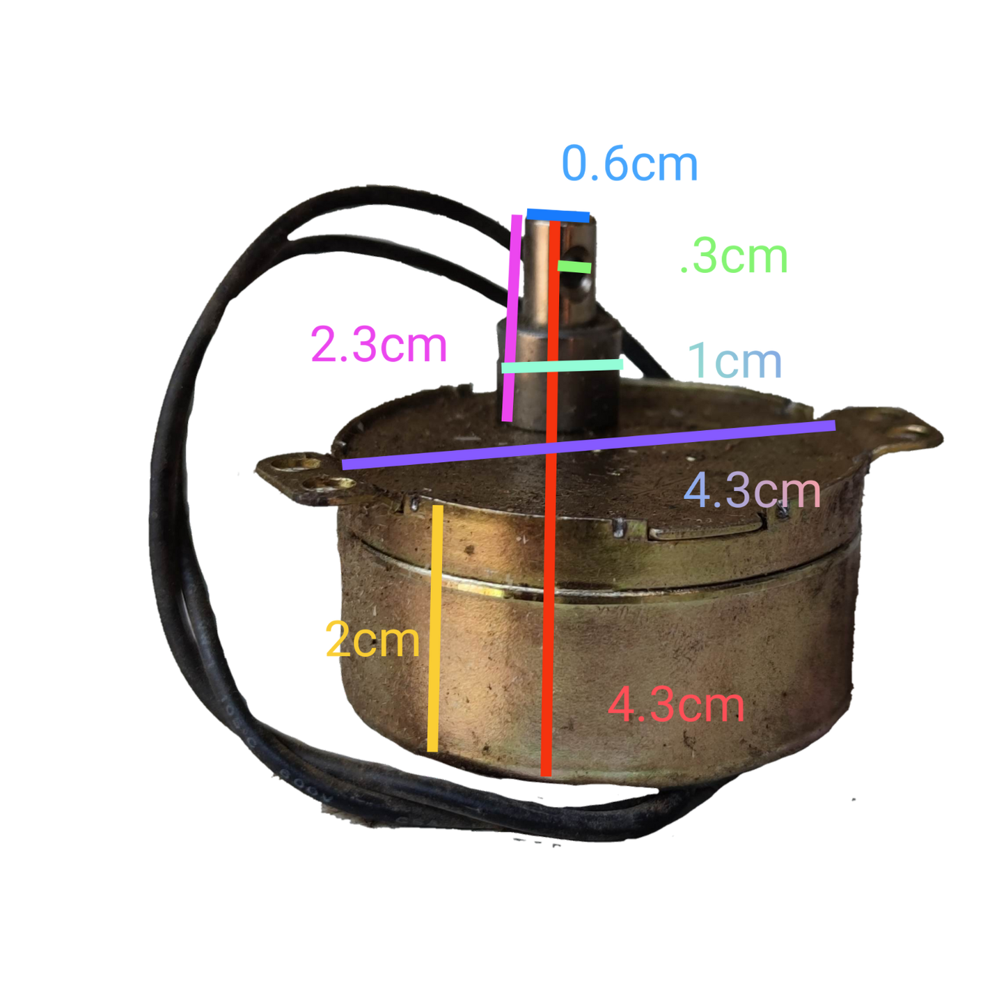 Taiwan made Synchronous Motor 220V with wiring and detailed size measurements on black background