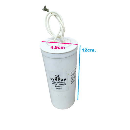 Syscap 30uF 600V motor running capacitor with white casing and leads for electrical applications