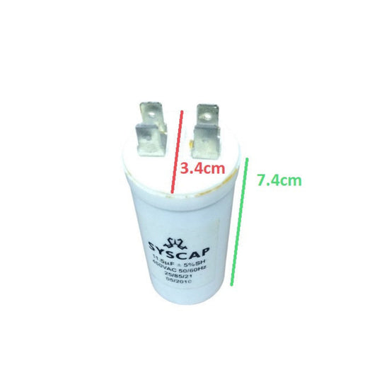 Syscap 450VAC motor start capacitor with dimensions of 3.4cm by 7.4cm for reliable electrical performance