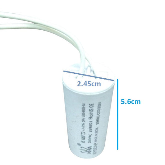 SYSCAP 6mfd 250V running capacitor for motors with white cylindrical body and wires