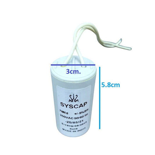 Syscap 7 Microfarad AC Motor Capacitor with white casing and wires for electrical circuitry