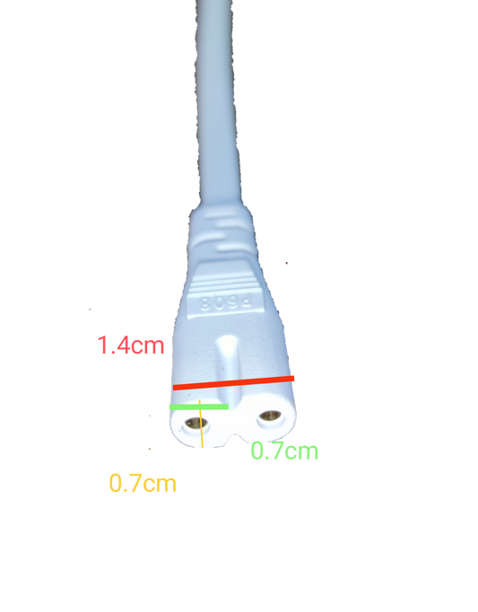 White T-5 AC cord connector 2 pin with cable and size measurements on black background