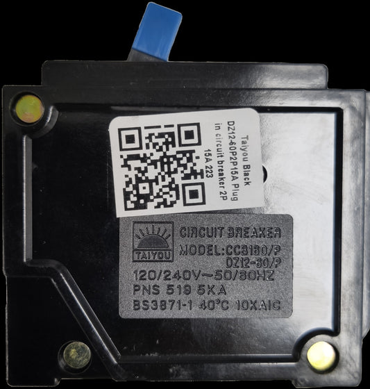 Taiyou 15A 2 Pole Circuit Breaker black electrical component with model and voltage details