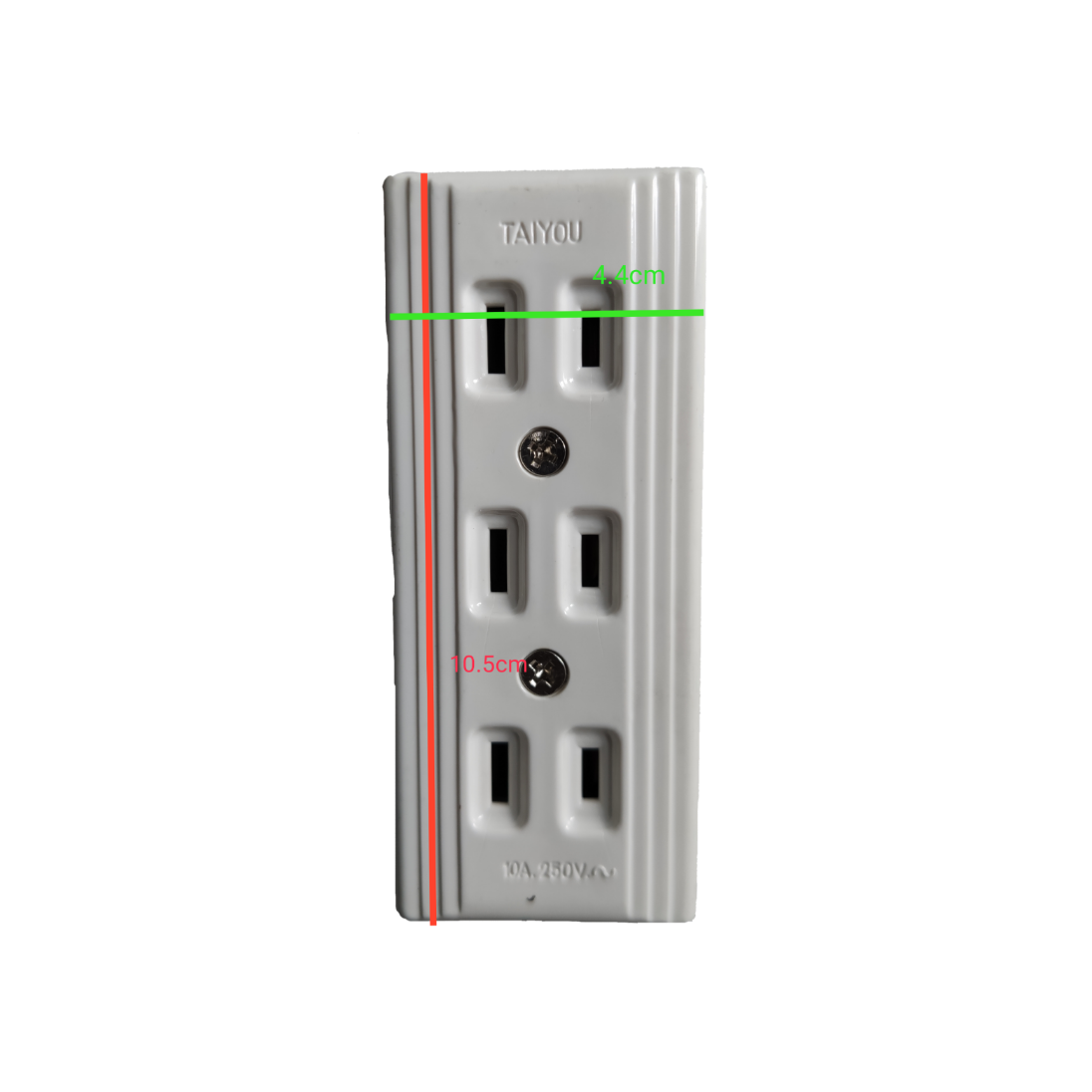Taiyou 3 Gang Flat pin Outlet power strip with three white flat pin sockets and mounting screws