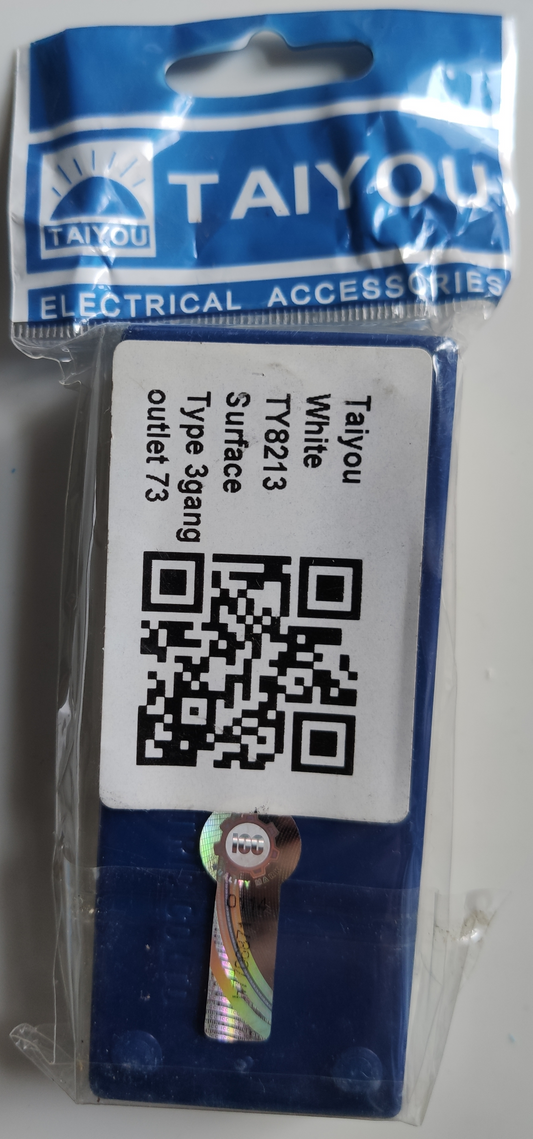 Taiyou 3 Gang Flat pin Outlet power strip with blue casing and flat pins in packaging