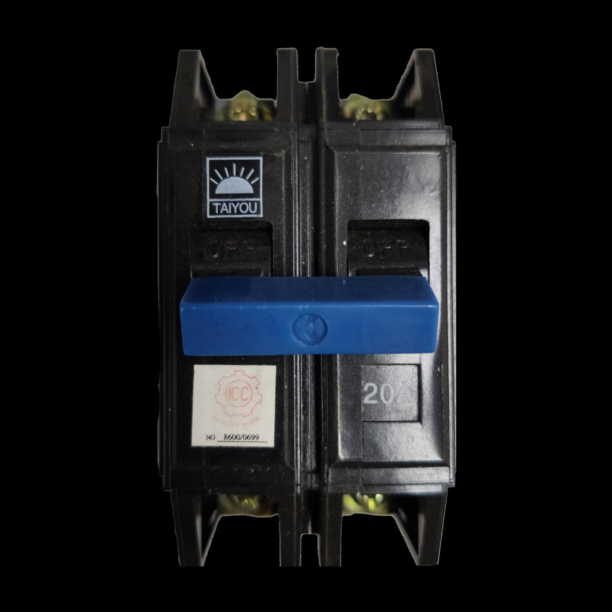 Taiyou Circuit Breaker 20A 2 Pole Bolt-on with blue handle and black casing for electrical circuitry