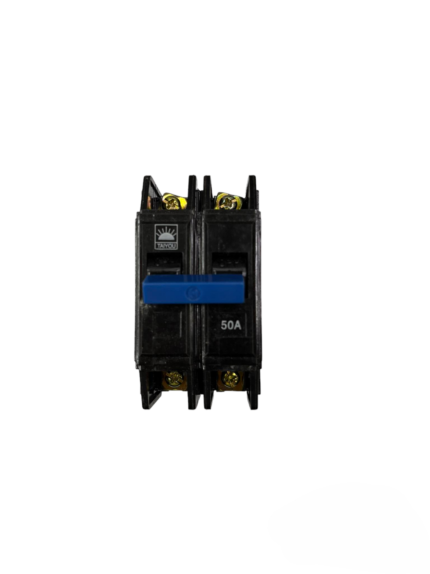 Taiyou 50A 2 Pole Circuit Breaker Bolt on 10 KAIC electrical component in black with blue switch