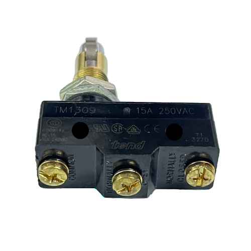 Tend Limit Switch 15A 250VAC TM1309 with three brass screw terminals and threaded plunger actuator