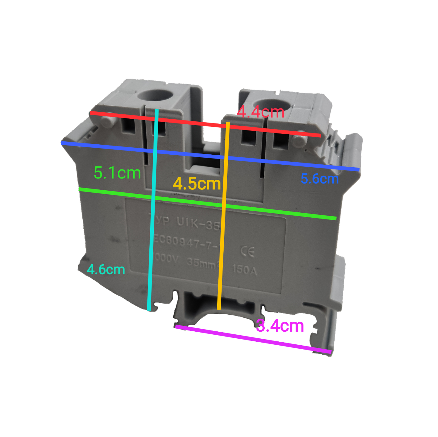 Grippes Terminal Block DIN Rail Type 35mm in gray electrical circuitry part with detailed measurements