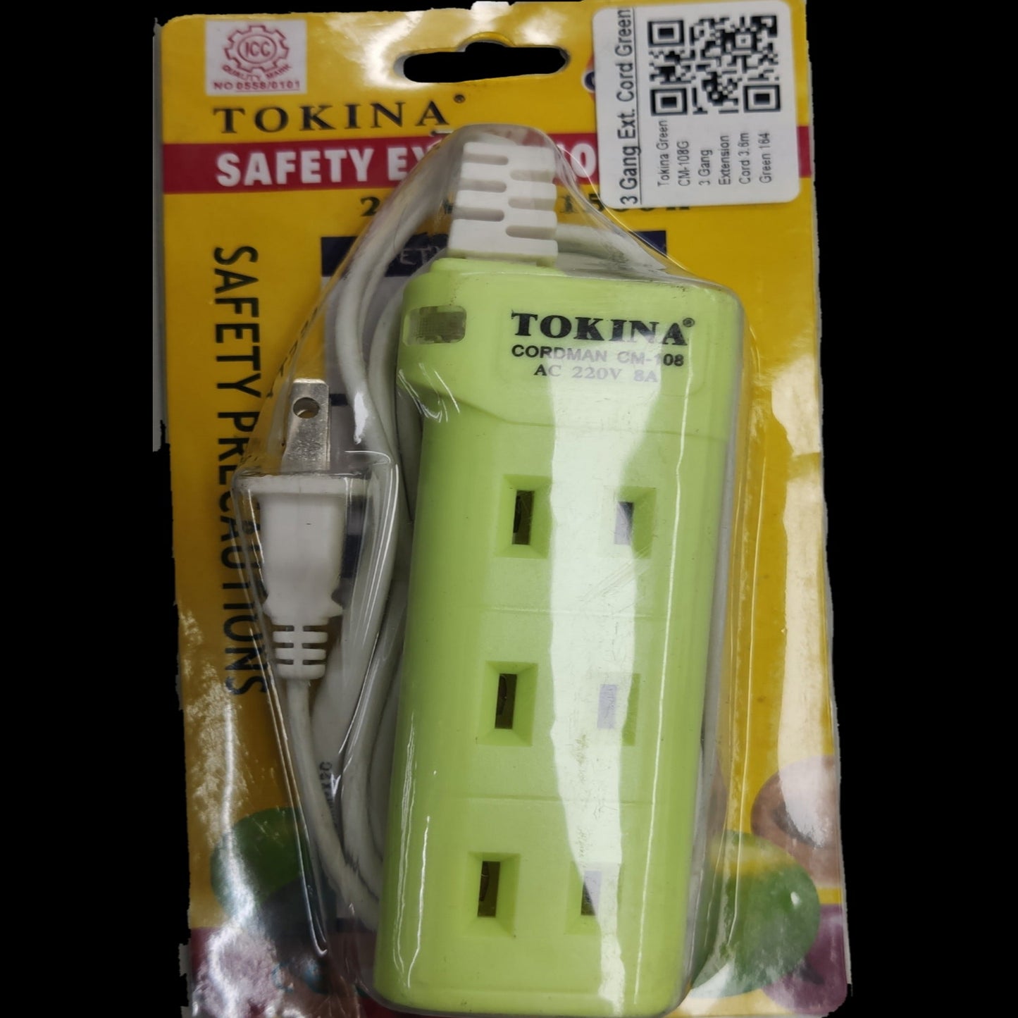 Tokina extension cord 3 gang green power strip with safety precautions on packaging